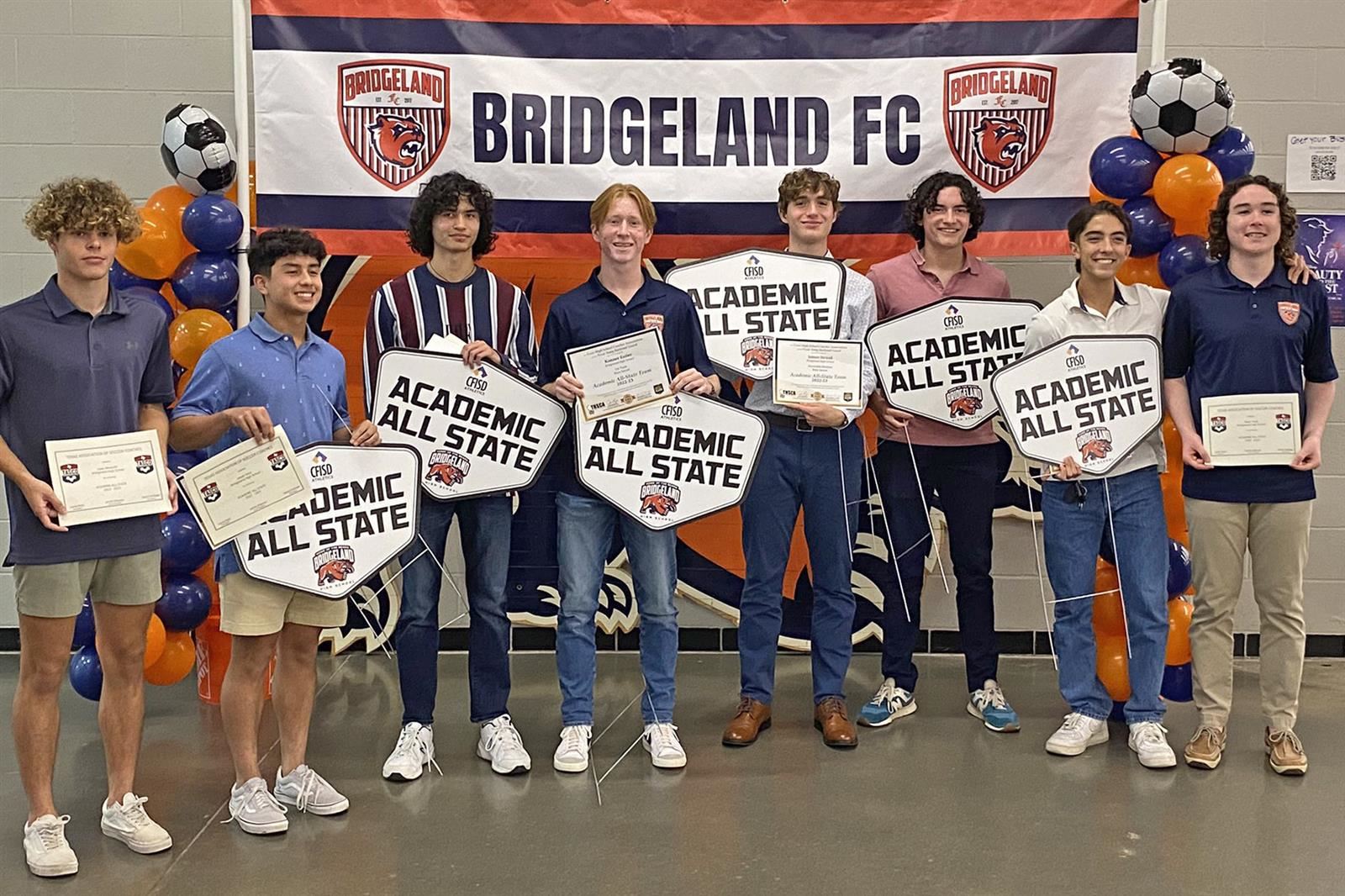 Eight Bridgeland senior boys’ soccer student-athletes were among 37 CFISD scholars named to the THSCA academic all-state team
